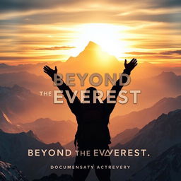 A captivating documentary poster titled 'Beyond the Everest', featuring a breathtaking panoramic view of the Himalayas with Mount Everest majestically towering in the background under a dramatic sunset sky