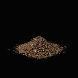 A pile of black pepper powder spilled on the ground, viewed from a frontal perspective