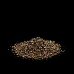 A pile of black pepper powder spilled on the ground, viewed from a frontal perspective