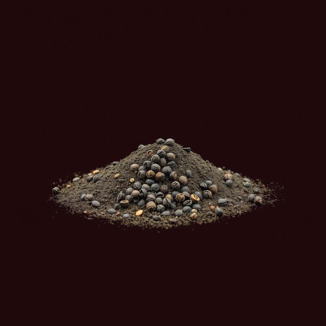 A pile of black pepper powder spilled on the ground, viewed from a frontal perspective