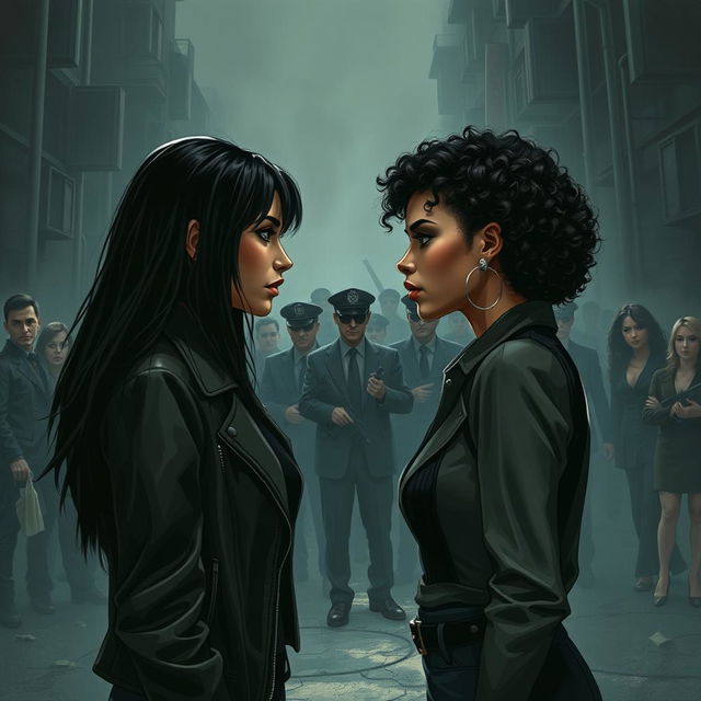 Two sisters facing each other in a dark world, one with long dark hair and wearing a leather jacket, the other with short curly hair and dressed in a stylish outfit