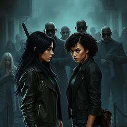 Two sisters facing each other in a dark world, one with long dark hair and wearing a leather jacket, the other with short curly hair and dressed in a stylish outfit