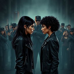 Two sisters facing each other in a dark world, one with long dark hair and wearing a leather jacket, the other with short curly hair and dressed in a stylish outfit