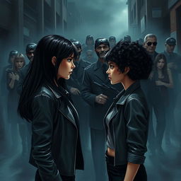 Two sisters facing each other in a dark world, one with long dark hair and wearing a leather jacket, the other with short curly hair and dressed in a stylish outfit