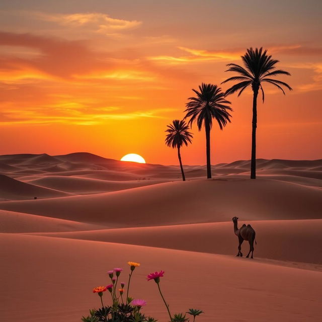 A serene sunset over a tranquil desert landscape, showcasing rolling sand dunes under a sky painted in hues of orange, pink, and purple