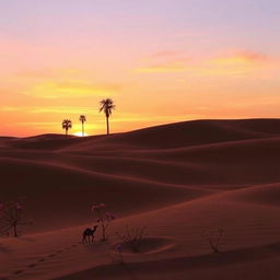 A serene sunset over a tranquil desert landscape, showcasing rolling sand dunes under a sky painted in hues of orange, pink, and purple