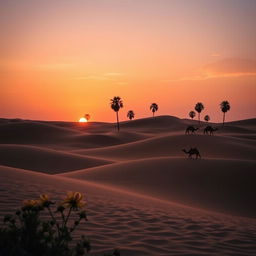 A serene sunset over a tranquil desert landscape, showcasing rolling sand dunes under a sky painted in hues of orange, pink, and purple