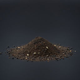 A mound of finely ground black pepper powder scattered on a plain, completely black background