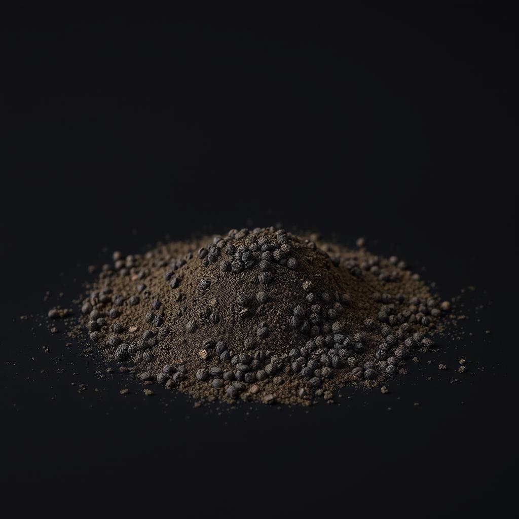 A mound of finely ground black pepper powder scattered on a plain, completely black background