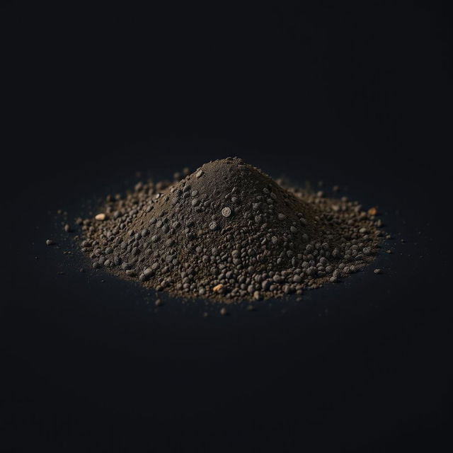 A mound of finely ground black pepper powder scattered on a plain, completely black background