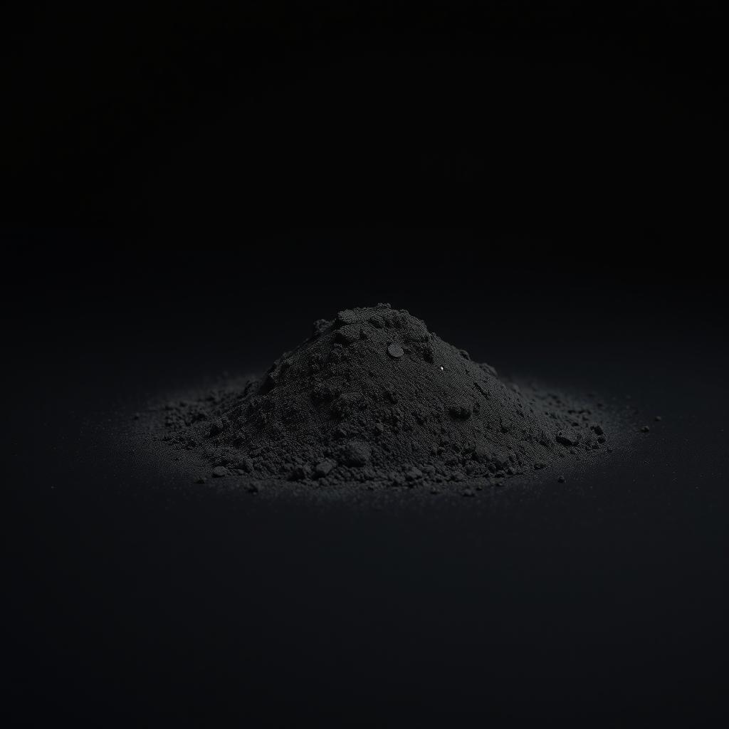 A mound of finely ground black powder scattered on a plain, completely black background