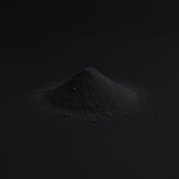 A mound of finely ground black powder scattered on a plain, completely black background