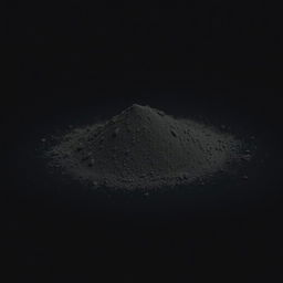 A mound of finely ground black powder scattered on a plain, completely black background