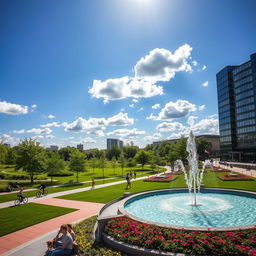 A modern, stylish urban landscape featuring a sleek park with lush greenery, well-maintained walking paths, and vibrant flowerbeds