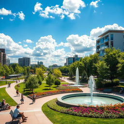 A modern, stylish urban landscape featuring a sleek park with lush greenery, well-maintained walking paths, and vibrant flowerbeds