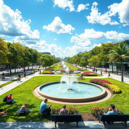 A modern, stylish urban landscape featuring a sleek park with lush greenery, well-maintained walking paths, and vibrant flowerbeds