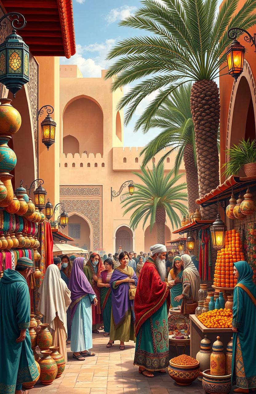 A vibrant scene showcasing various aspects of Moroccan culture, featuring a bustling marketplace with colorful textiles, handcrafted pottery, and ornate lanterns