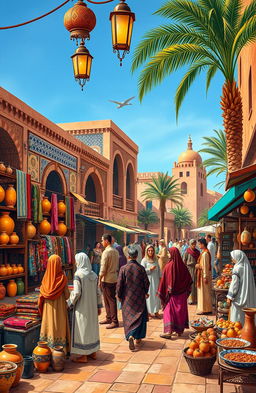 A vibrant scene showcasing various aspects of Moroccan culture, featuring a bustling marketplace with colorful textiles, handcrafted pottery, and ornate lanterns