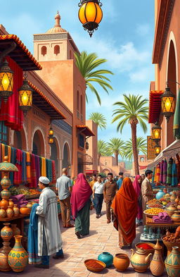 A vibrant scene showcasing various aspects of Moroccan culture, featuring a bustling marketplace with colorful textiles, handcrafted pottery, and ornate lanterns