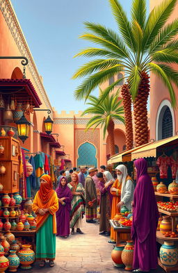 A vibrant scene showcasing various aspects of Moroccan culture, featuring a bustling marketplace with colorful textiles, handcrafted pottery, and ornate lanterns