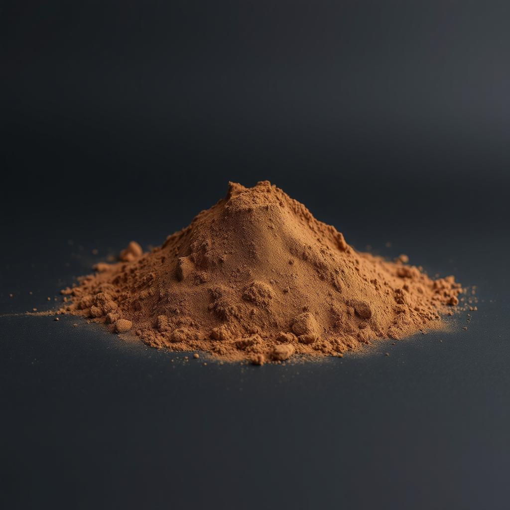 A mound of powder consisting of a gradient of black and brown shades, scattered on a plain, completely black background