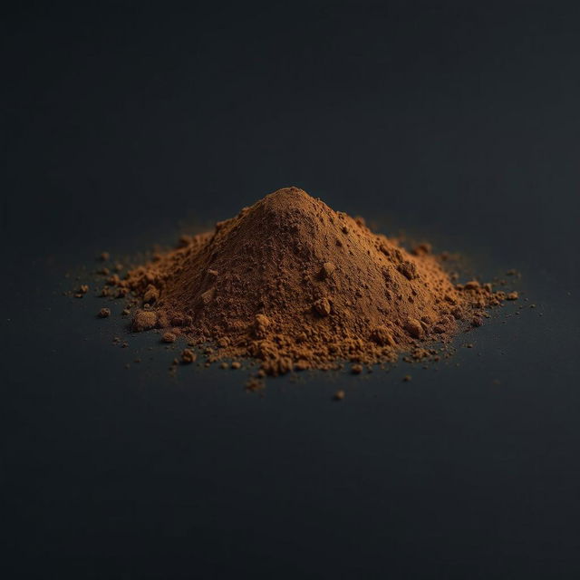 A mound of powder consisting of a gradient of black and brown shades, scattered on a plain, completely black background