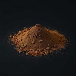 A mound of powder consisting of a gradient of black and brown shades, scattered on a plain, completely black background