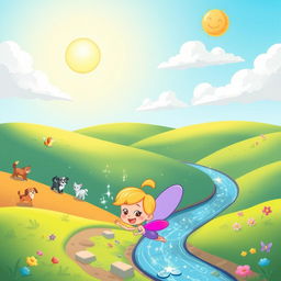 A colorful cartoon landscape featuring rolling hills under a bright blue sky, with fluffy white clouds and a sun smiling down
