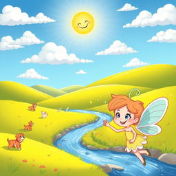 A colorful cartoon landscape featuring rolling hills under a bright blue sky, with fluffy white clouds and a sun smiling down