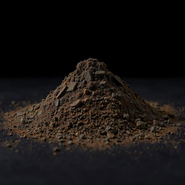 A mound of black and brown powder scattered across a surface, with a completely black background, ensuring there is nothing else in the image