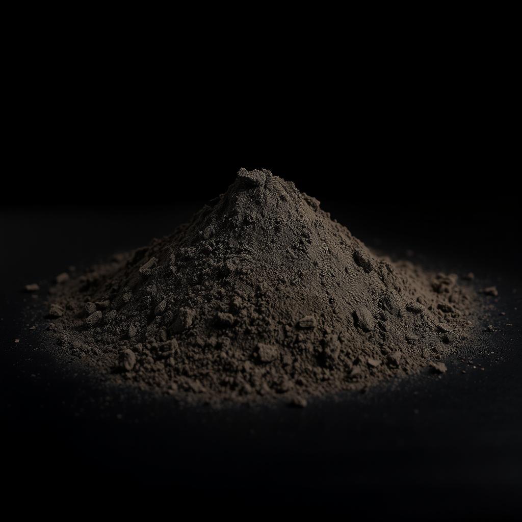 A mound of black and brown powder scattered across a surface, with a completely black background, ensuring there is nothing else in the image