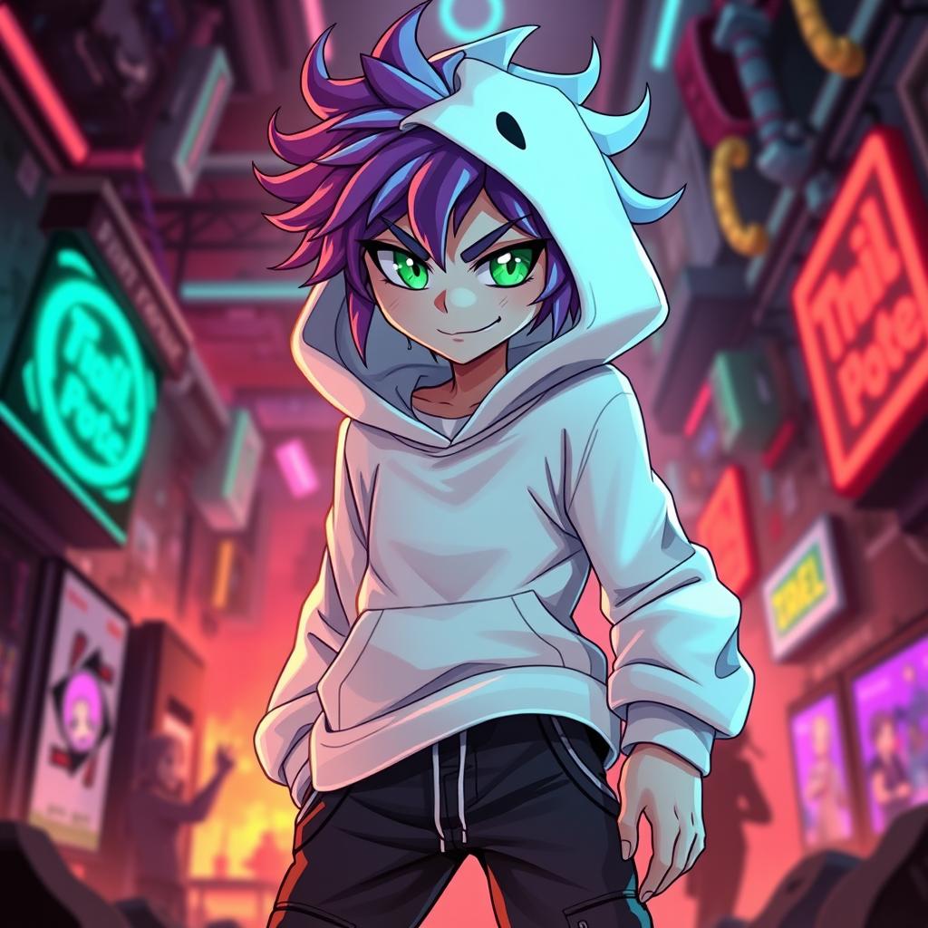A new character for the Hazbin Hotel universe, featuring a unique design: a stylish white hoodie that drapes loosely, complemented by edgy streetwear pants