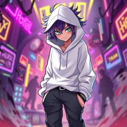 A new character for the Hazbin Hotel universe, featuring a unique design: a stylish white hoodie that drapes loosely, complemented by edgy streetwear pants