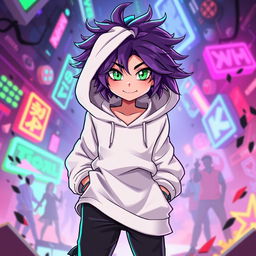 A new character for the Hazbin Hotel universe, featuring a unique design: a stylish white hoodie that drapes loosely, complemented by edgy streetwear pants