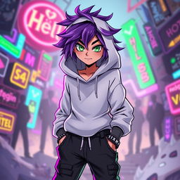 A new character for the Hazbin Hotel universe, featuring a unique design: a stylish white hoodie that drapes loosely, complemented by edgy streetwear pants