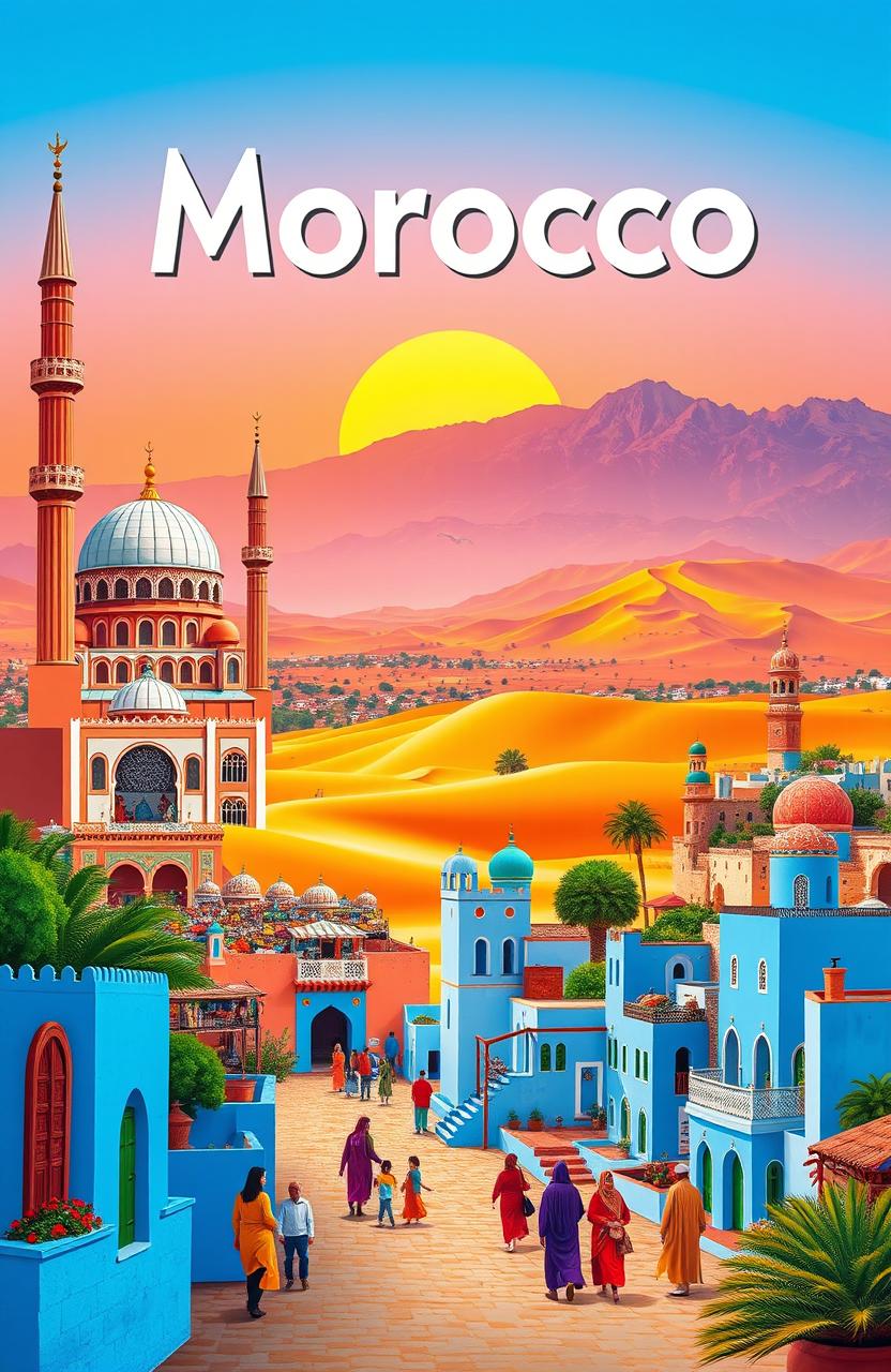 A vibrant travel poster showcasing the main tourist attractions in Morocco