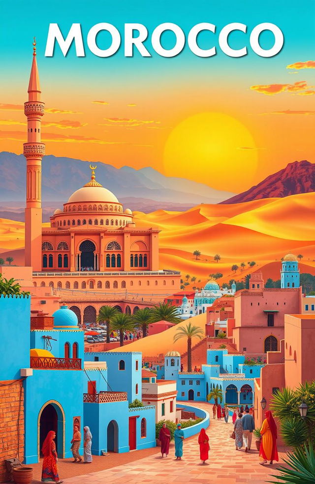 A vibrant travel poster showcasing the main tourist attractions in Morocco