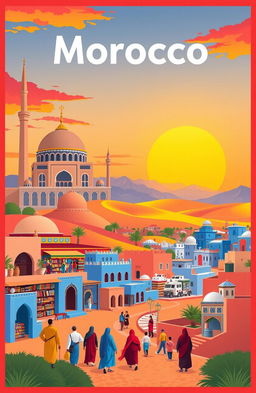 A vibrant travel poster showcasing the main tourist attractions in Morocco
