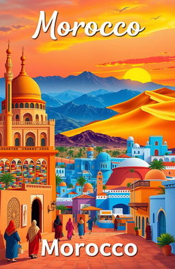 A vibrant travel poster showcasing the main tourist attractions in Morocco