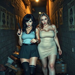 A striking photographic image set in a narrow, dark, dimly lit alley cluttered with garbage and highlighted by old 'Wanted' posters on the walls