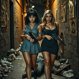 A striking photographic image set in a narrow, dark, dimly lit alley cluttered with garbage and highlighted by old 'Wanted' posters on the walls