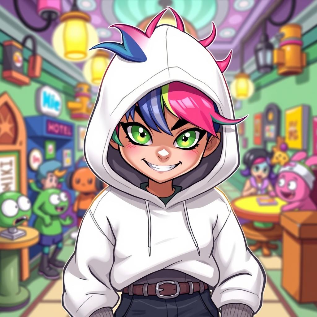 A new character for the Hazbin Hotel universe, featuring a unique design with a white hooded sweatshirt, expressive bright green eyes, and a mischievous smile