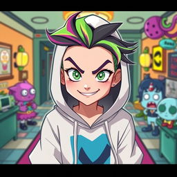 A new character for the Hazbin Hotel universe, featuring a unique design with a white hooded sweatshirt, expressive bright green eyes, and a mischievous smile