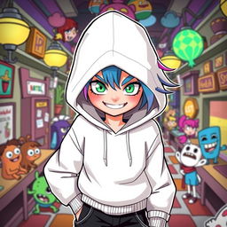 A new character for the Hazbin Hotel universe, featuring a unique design with a white hooded sweatshirt, expressive bright green eyes, and a mischievous smile
