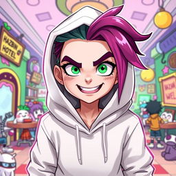 A new character for the Hazbin Hotel universe, featuring a unique design with a white hooded sweatshirt, expressive bright green eyes, and a mischievous smile