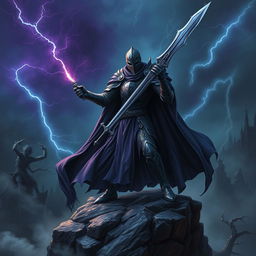 A powerful knight clad in dark, enchanted armor, wielding a sword that glows with an ominous, dark magical energy
