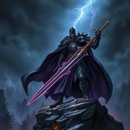 A powerful knight clad in dark, enchanted armor, wielding a sword that glows with an ominous, dark magical energy