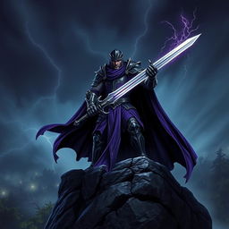 A powerful knight clad in dark, enchanted armor, wielding a sword that glows with an ominous, dark magical energy