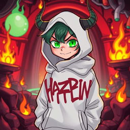 A new character in the style of Hazbin Hotel, featuring a unique design with a white hoodie that contrasts with the vibrant Hellish background