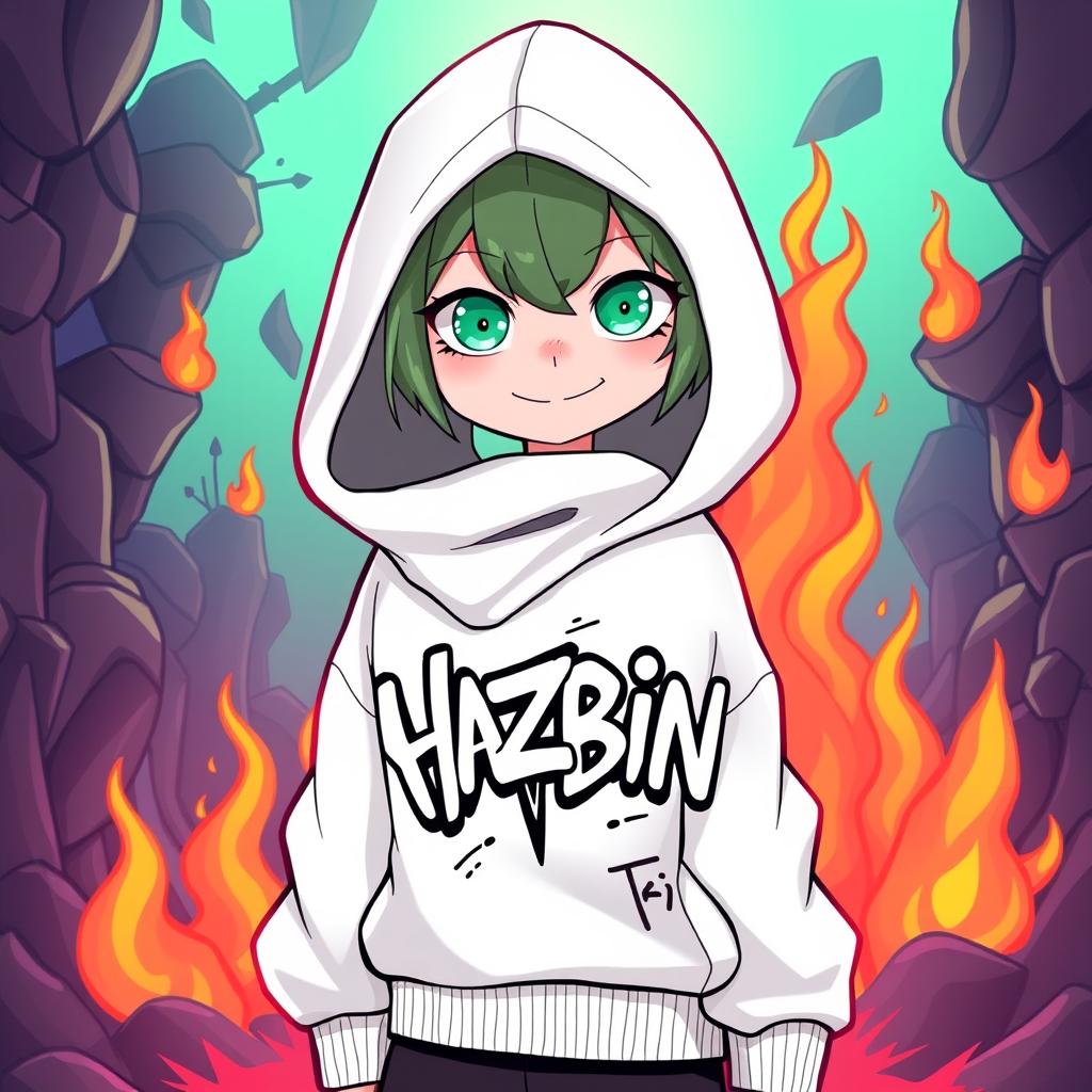 A new character in the style of Hazbin Hotel, featuring a unique design with a white hoodie that contrasts with the vibrant Hellish background